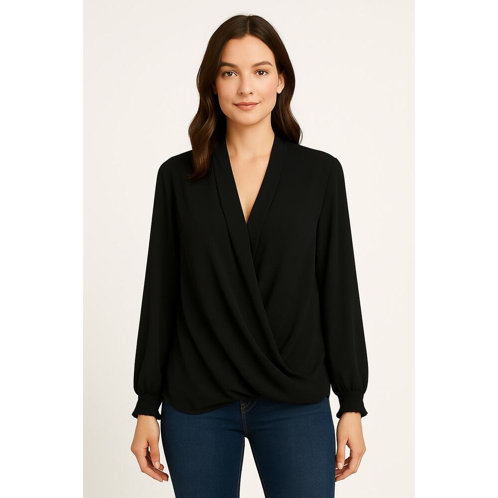 Pilone Black Long Sleeve Drape Front Blouse Size M